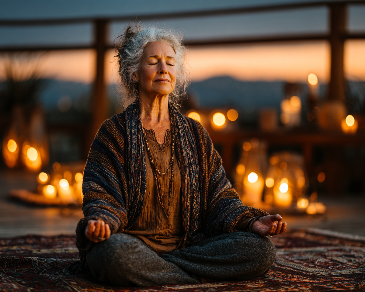 Жінка 55+ років практикує йогу у світлій кімнаті