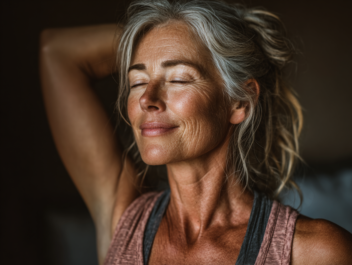 Чоловік середнього віку виконує ранкові вправи